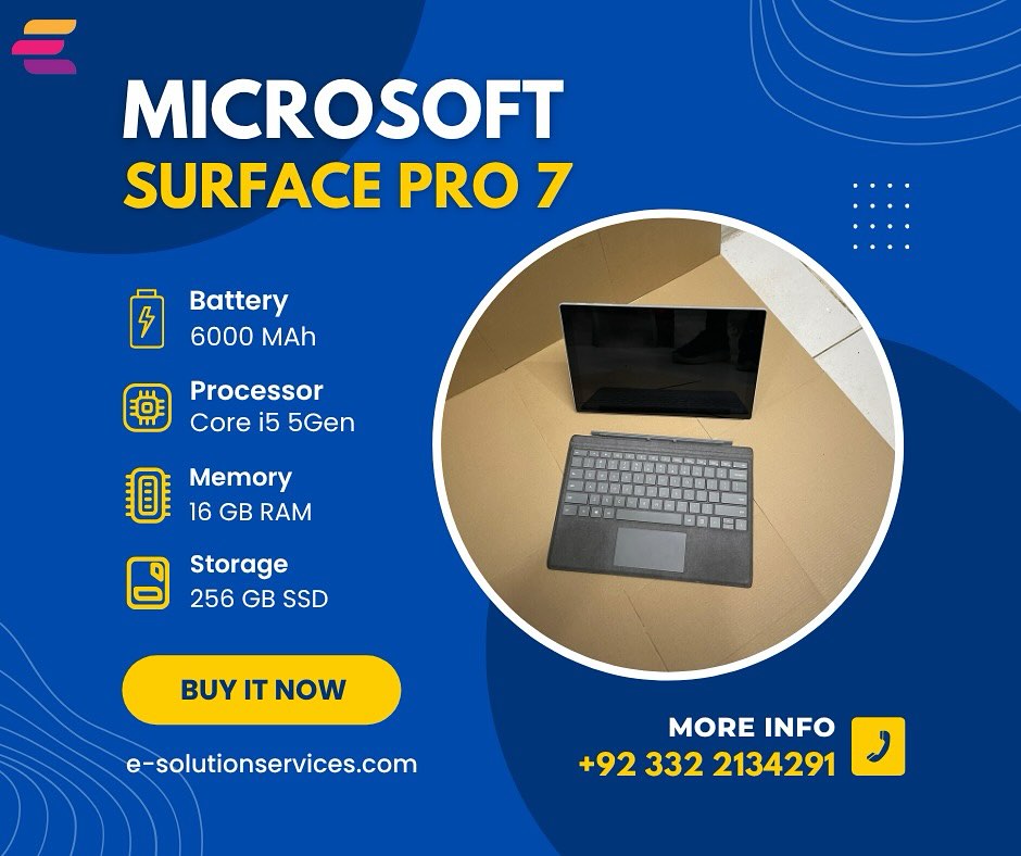 Microsoft Surface Pro 7
2-in-1 detachable (Touch)
Intel(R) Core(TM) i5-1035G4 CPU @ 1.10GHz
Ram 16, Storage 256
1 Year online supoort
Free Home Delivery
3 Days Checking Warranty
E-SolutionServices
FC - 20, Technocity Mall,
Hasrat Mohani Road,
Karachi.
+92 333-3413813 Only For Voice
+92 329 3431542
#dell #explore #instamood #intargram #viralreels❤️ #technology